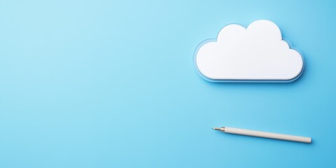 White cloud shape and pen on a blue background, minimalist design.