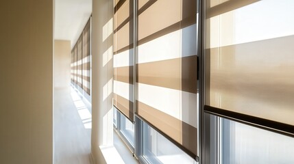 Obraz premium Dual-layer roller blinds showing a combination of blackout and sheer fabric, allowing light control while maintaining privacy, with a sleek, modern room design