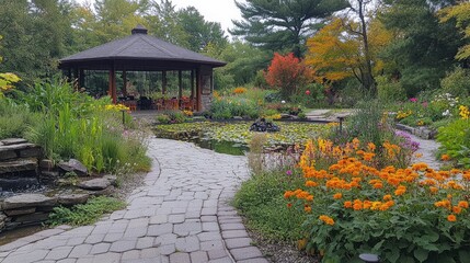 Serene Garden Pathway with Gazebo and Colorful Flowers