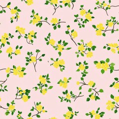 A small floral pattern on a light pink background, with small flowers in yellow and green. 