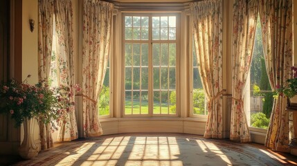 Elegant, patterned curtains framing a large bay window, overlooking a tranquil garden, sunlight casting intricate shadows across the room 