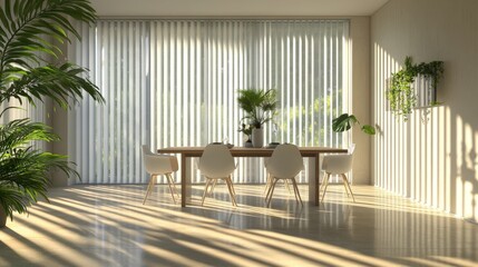 Elegant vertical blinds in a bright dining room, casting long shadows on the floor, with greenery visible through the partially open slats 