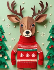 Cartoon Festive reindeer wearing a traditional Christmas jumper - concept of winter holidays greeting made with handmade paper