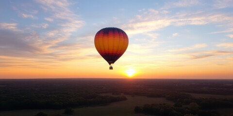 Obraz premium A colorful hot air balloon soaring above a stunning sunset, casting shadows over the serene landscape below.