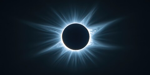 Realistic image of a solar eclipse where the moon covers the sun, showing the bright corona and darkened sky.