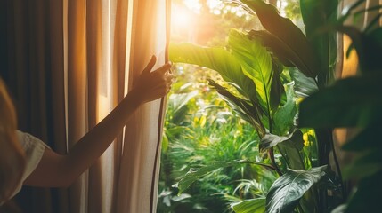 Hands pulling back thick, blackout curtains in a serene bedroom, revealing the soft morning light and lush greenery outside