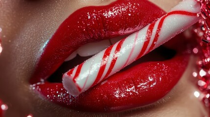 Woman with candy cane lips in Christmas theme