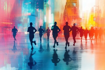 Colorful silhouettes of runners against an urban cityscape backdrop, capturing motion and energy during a run.