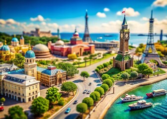 Travel Tourism 3D Rendering for Trip Planning and World Tour Concept with Tilt-Shift Photography
