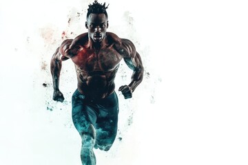 Fit man running against a white background, showcasing athleticism and motion.