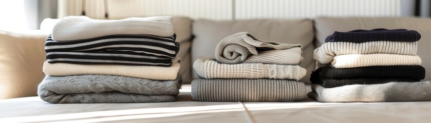 A pile of clothes is stacked on top of each other on a bed
