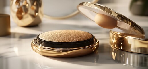 Golden compact with a cream foundation inside.