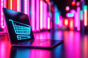 Laptop, shopping cart, smartphone on futuristic neon background. Concept of online sales, digital marketing, e-commerce.