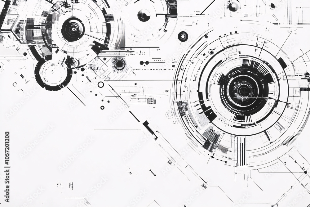 Aufkleber an abstract futuristic diagram composed of black circular and linear elements on a white background 