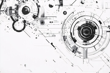 An abstract futuristic diagram composed of black circular and linear elements on a white background suggesting innovation and high-tech themes
