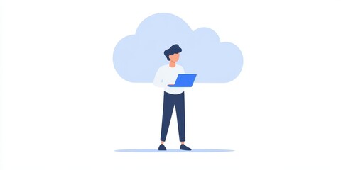 A person standing with a laptop in front of a cloud, symbolizing digital connectivity and online work.