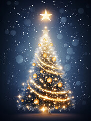 Golden silver lights christmas tree blue background festive elegant holiday greetings.