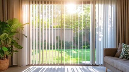Vertical blinds being drawn across a large sliding glass door, revealing a tranquil backyard garden, with sunlight filtering in softly 