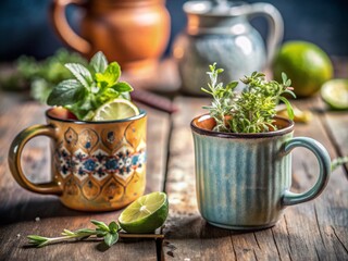 Two Mugs with Fresh Herbs and Lime in a Tilt-Shift Style Photography Setting