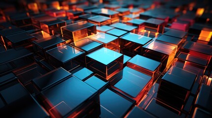 Obraz premium Abstract composition of glowing cubes in a dark environment, evoking a digital landscape.