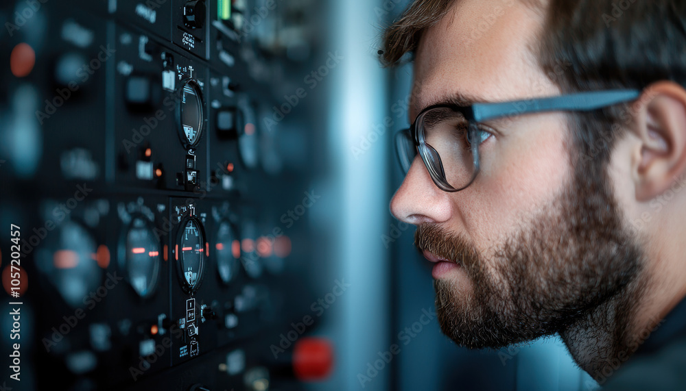 Poster a focused man inspects complex controls with dials and buttons, showcasing an engaged expression in 