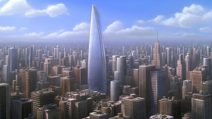 A tall skyscraper stands out against a backdrop of a sprawling city skyline under a bright blue sky.