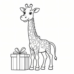 Fototapeta premium Giraffe with a Gift: A charming black and white illustration of a giraffe with a big smile, standing next to a gift box, perfect for children's books, coloring pages, and educational materials