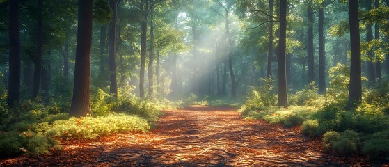 Fototapeta premium A serene forest scene with sunlight filtering through trees, creating a tranquil atmosphere.