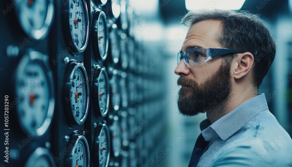 Poster a focused engineer examines gauges in a high-tech facility, showcasing precision and expertise in mo