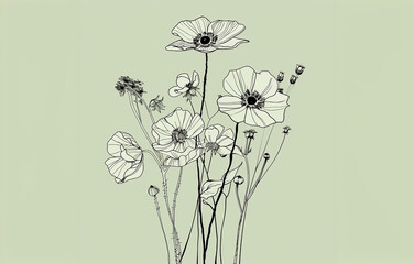 Black ink outline drawing of a small bouquet of wildflowers on a soft sage green background with copy space.