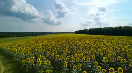 Obraz premium Aerial view of a vast sunflower field, stretching as far as the eye can see, under a bright summer sky.