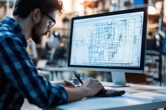 Engineer reviewing technical CAD drawings on a desktop computer, focusing on industrial design 32k high resolution
