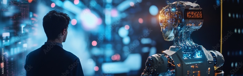 Poster a person stands in awe, watching a sleek robot amidst a backdrop of illuminated screens and digital 