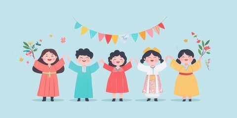 Fototapeta premium Colorful illustration of five people celebrating with joy, traditional attire, and festive decorations.
