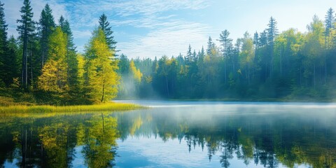 Fototapeta premium Peaceful morning on a secluded lake in Northern Wisconsin, surrounded by dense woods, capturing the beginning of a new day with serene reflections.