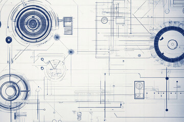 A technical blueprint composed of circular and linear patterns in blue and white illustrating a futuristic and organized design concept
