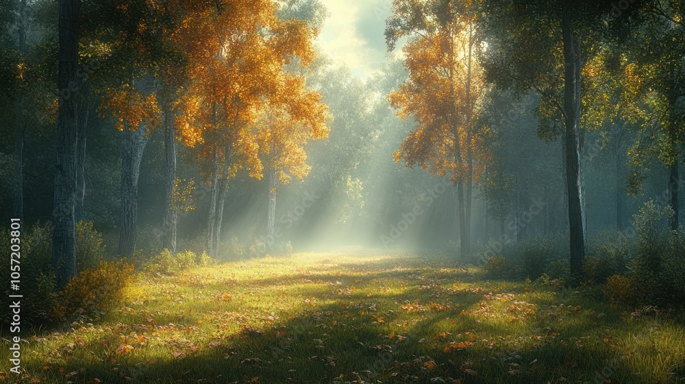 Poster serene autumn forest path with soft sunlight filtering through trees.