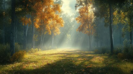 Obraz premium Serene autumn forest path with soft sunlight filtering through trees.