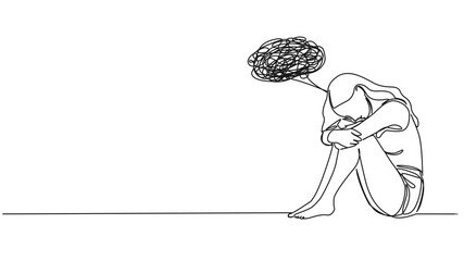 animated continuous single line drawing of sad and confused young woman sitting on floor arms around knees, line art animation