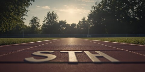 Running track with the word 'start' displayed prominently, symbolizing the beginning of a race or new endeavor on an athletic surface.