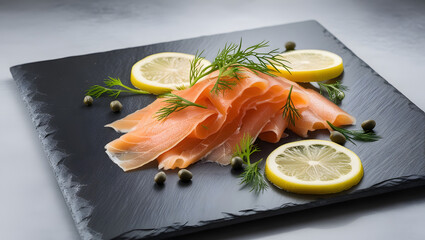 Thin slices of smoked salmon on a black slate with capers, dill, and lemon wedges.