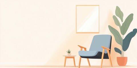 Cozy living room corner featuring a blue chair, potted plant, and a blank picture frame against a light beige wall.