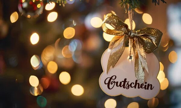 paper tag with german word voucher hanging on christmas tree on glitter background