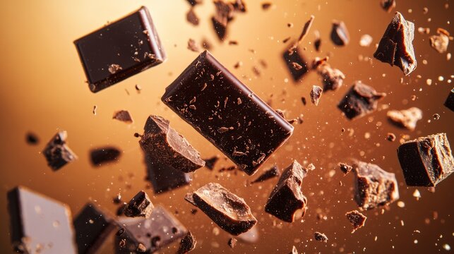 chocolate in middle of the air, sparkle reflexed on black to orange gradient background