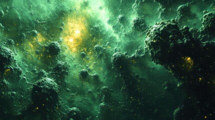 Abstract cosmic scene with green hues and glowing elements.