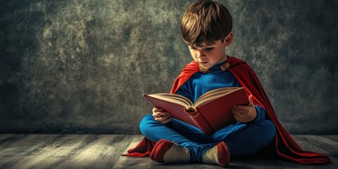 Little boy in a superhero costume reading a book, symbolizing overcoming learning difficulties, set against a playful solid background.