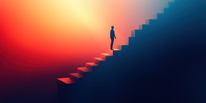 Character stepping from darkness into light against a gradient background, illustrating overcoming fear and embracing change.
