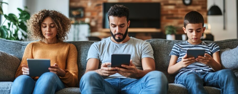 Family relaxing at home while using multiple digital devices for wireless communication