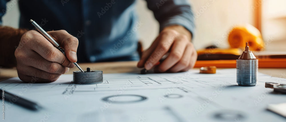 Poster a person sketches technical designs with precision tools, showcasing creativity in engineering and d
