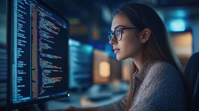 Female software programmer concentrating on code and digital network